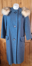 1960s Blue Wool Coat Jacket with Fox Fur Collar Pin Up Rockabilly