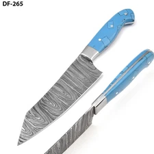 HAND FORGED Santoku 12" Damascus Steel Blue Resin Handle Chef's Knife