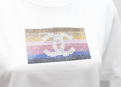 Authentic Women's CHANEL Swarovski Crystal Logo T-Shirt White made