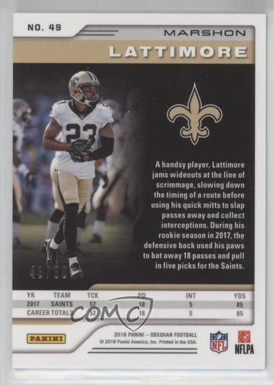 2018 Panini Obsidian Electric Etch Orange /50 Marshon Lattimore #49 - Image 2 of 2