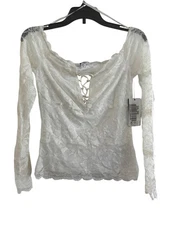 Guess Lace Long Sleeve Top Womens XS Nylon Spandex White Floral Lace-Up Boho