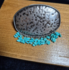 Oval Belt Buckle Turquoise Beads Silver Hammered Metal 3 1/2"x 2 1/2" No Mark