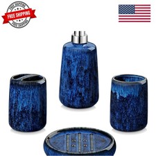 Blue Bathroom Accessories Set, Ceramic Soap Dispenser and Toothbrush Holder S...