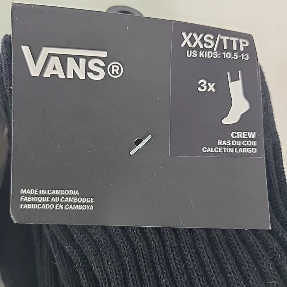NUEVO CON ETIQUETAS Vans Niños Calcetines Clásicos Crew Paquete de DOS, 3 Blancos y Negros Talla 10.5-13 Foto 2 de 4