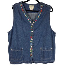 VTG Denim Vest Floral Embroidered Button Front Boho Cottagecore Western Retro XL