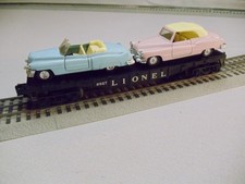 Lionel Postwar #6827 Flatcar - O Gauge, Black with Load of 2 1950's Classic Cars