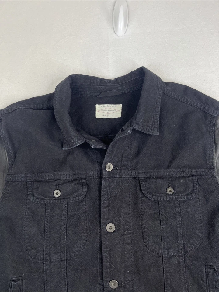 Rag & Bone Denim Jacket Mens XL Black Lambskin Leather Sleeves Trucker Biker - Image 4 of 4