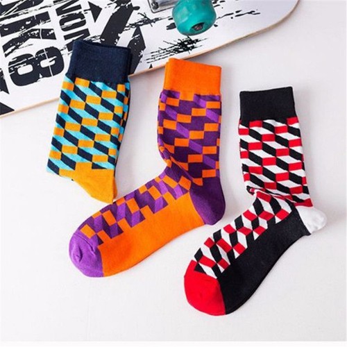 Funky Design Socks One Size Mens Coloured Stripes Plaid Contrast Bright Cotton - Picture 14 of 26