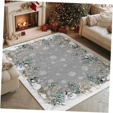 Grey Snowman Deer Tree Christmas Area Rug, Winter Home Decor Low-Profile