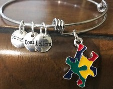 Autism Puzzle Charm Bracelet Silver Believe Strength Courage Asperger's Silver
