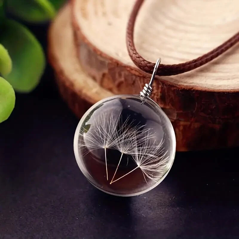 Collana tarassaco vero fiore secco - ciondolo cristallo vetro