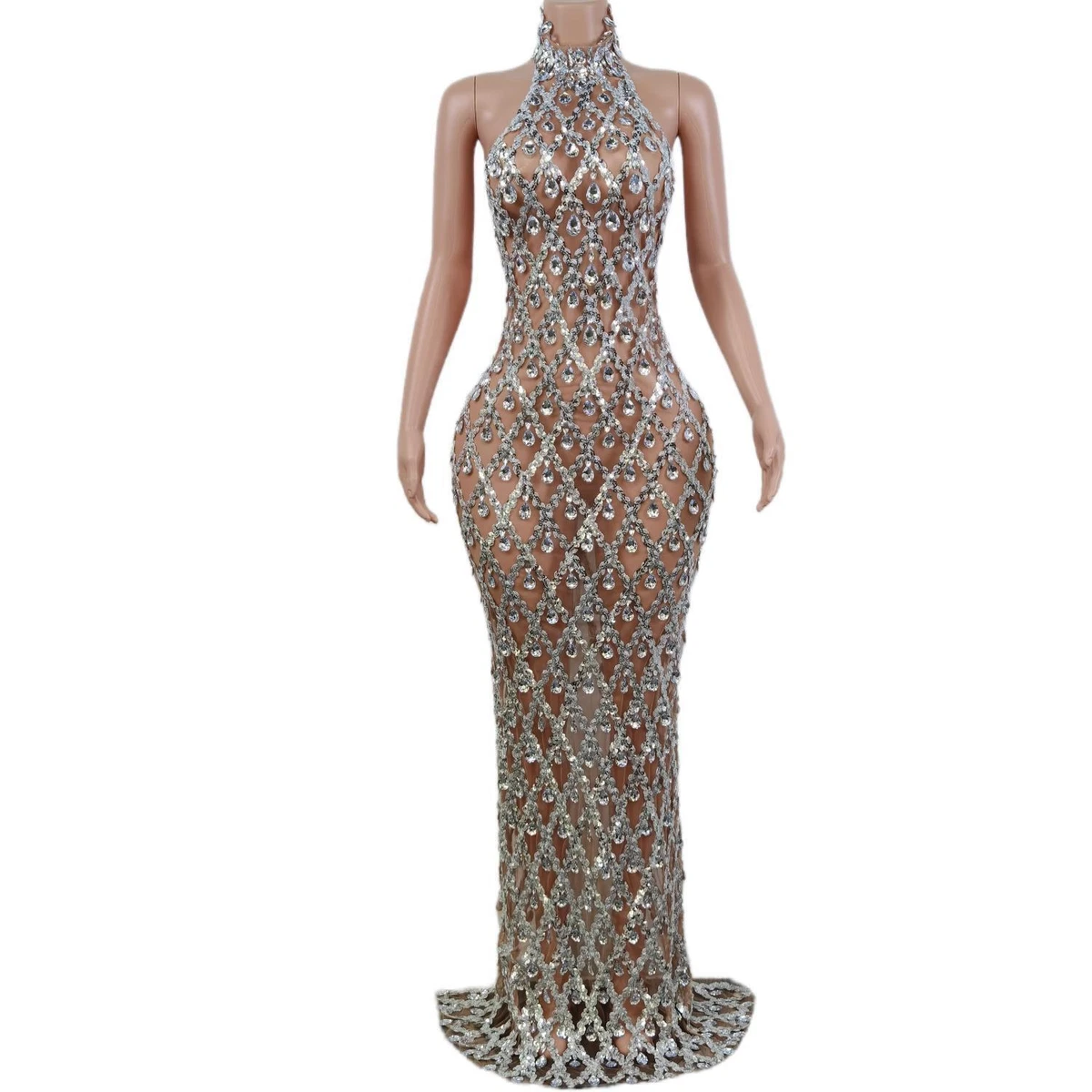 Women Sequin Rhinestone Halter Sleeveless Dress Ballroom Party Dresses Costume