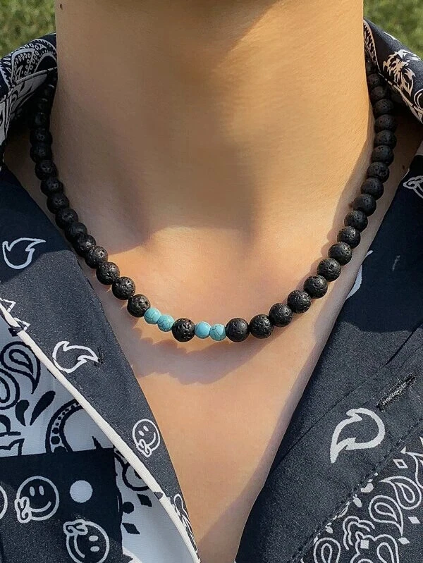 MEN S LAVA ROCK AND SYNTHETIC TURQUOISE NECKLACE SURF CASUAL PARTY WEAR
