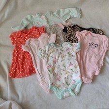 Carters Baby Girl 3M 6M Lot of 7 Body Suits Pajamas Pink Green Polka Dot Dress