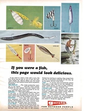 1970  GARCIA MITCHELL 300 SPINNING FISHING REELS, LURES   2 PG, DOUBLE SIDED AD