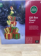 Winter Wonder Lane Gift Box Tower 63” Christmas Yard Decor 450 Lights BEAUTIFUL!