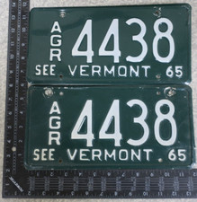 1965 65 VERMONT VT AGRICULTURE AGR FARM TRUCK LICENSE PLATE TAG PAIR SET # 4438