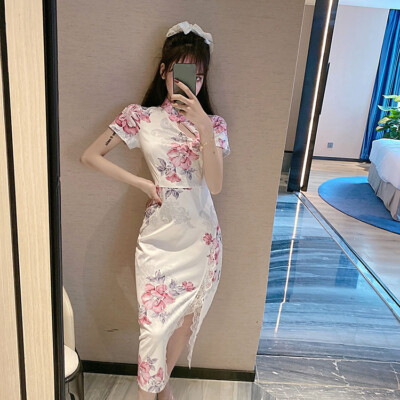 ZNLFS Dames Cheongsam Traditionele Chinese Jurk Zijsplit Slim Fit Midi Jurk Mandarijnse Kraag Korte Mouw Qipao, Donkerblauw, 42