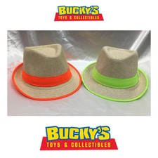 Child Fedora Burlap Hat Boys Girls Summer Straw Beach Sunhat Neon Orange - Green