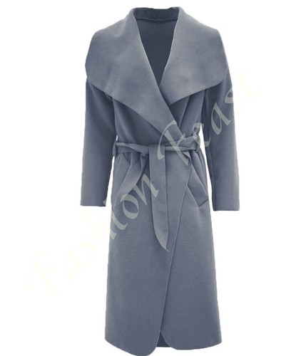 Women Italian Long Duster Jacket Ladies French Belted Trench Waterfall Coat 8-16 - Picture 10 of 11