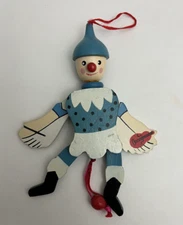 Vintage Christmas Clown Musician Pull String Ornament - Red Nose Blue Hat
