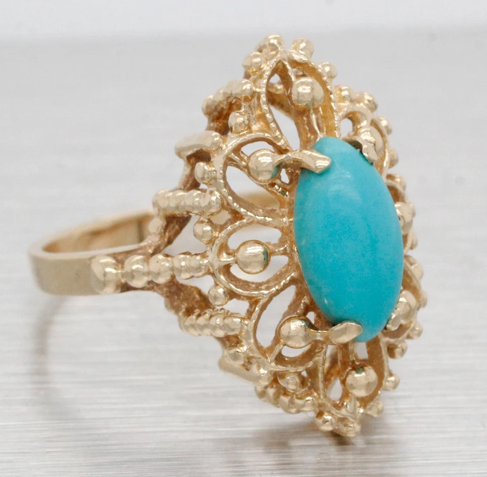 Anillo de cóctel turquesa cabujón marquesa vintage - oro amarillo de 14 k - talla 5,75 Foto 2 de 4