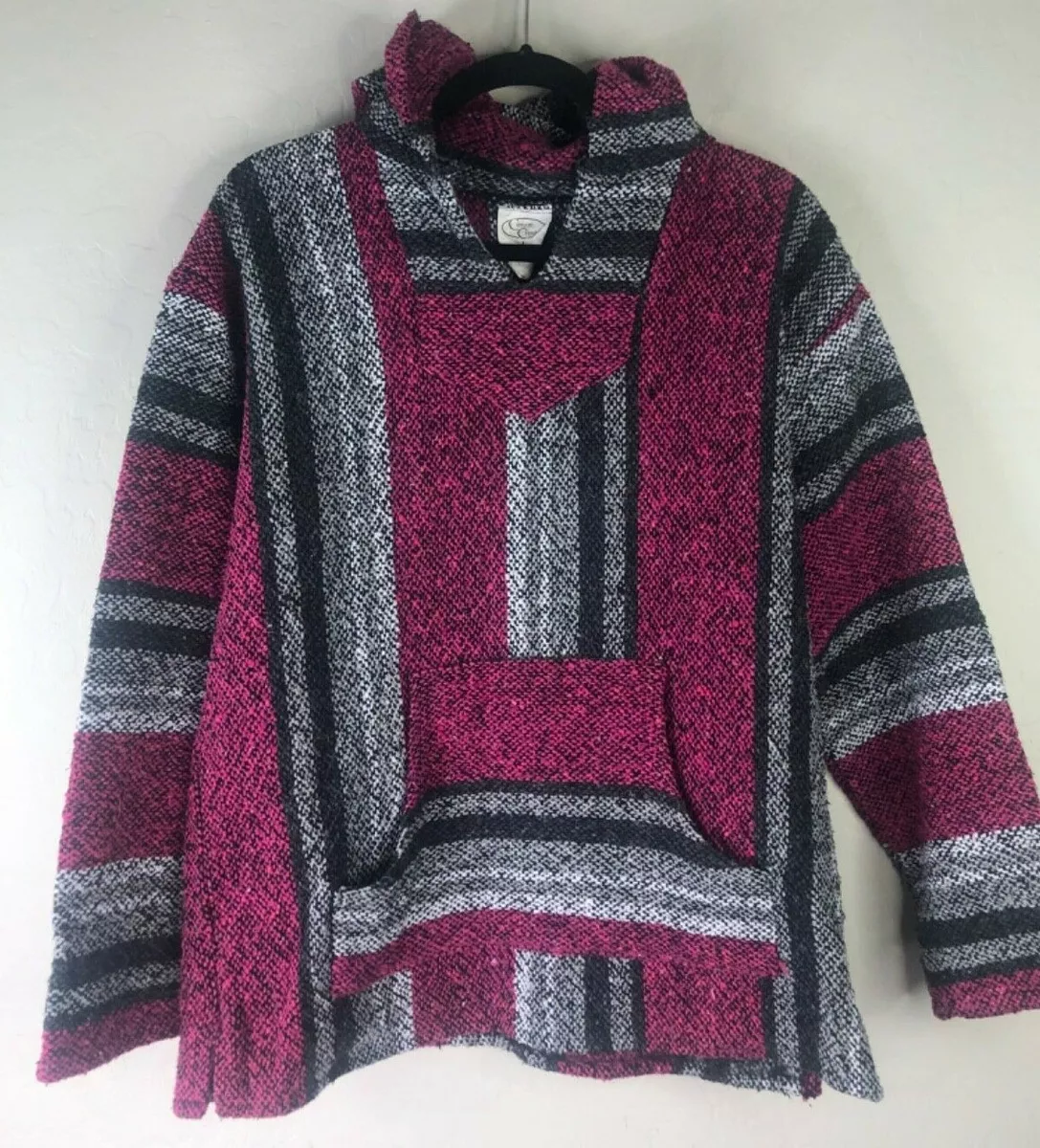 MEXICAN BLANKET Adult Large Baja Style Pullover Hoodie Fuchsia Made in Mexico