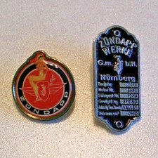 Zundapp Werke frame & Zundapp pinup girl lapel badges Sept. 2014 & 2013 NA rally