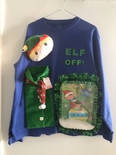 Ugly Christmas Sweater Naughty Elf Off Handmade Blue Shirt SZ L Holds Wine Beer