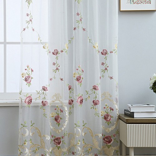 American Pastoral Rose Embroidered Window Screen Sheer Panel Bedroom