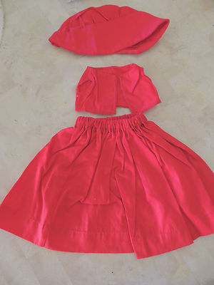 Vintage Doll Skirt,top,& Bonnet red cotton, 8'' long 5'' waist top 3'' long 5'' wide