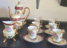 Vintage Gold Plated Tea Set with Six Cups & Saucers Cream Pitcher and Sugar Bowl