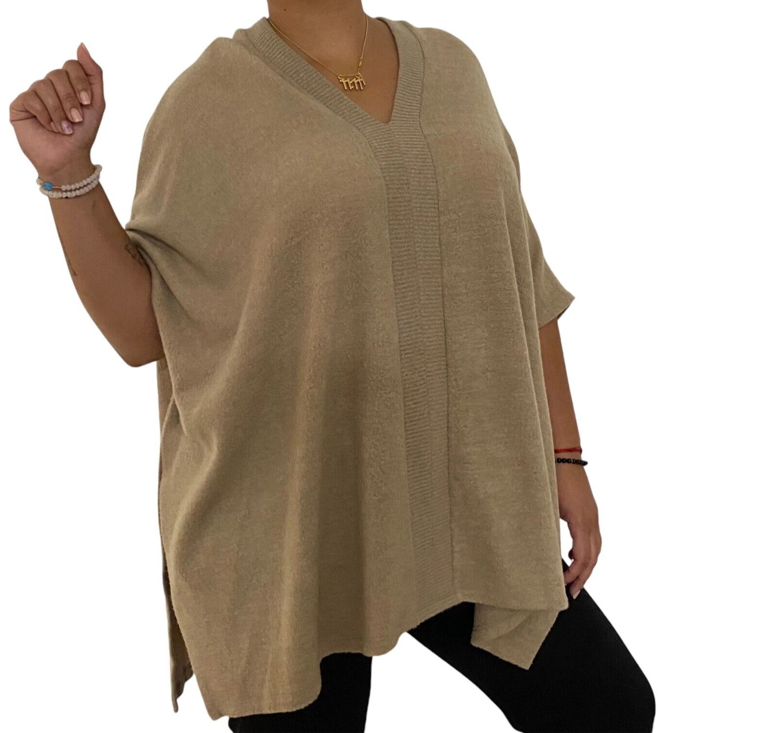 CHERISH Heather Tan Knit Poncho Soft & Cozy Oversized Size Large Sweater