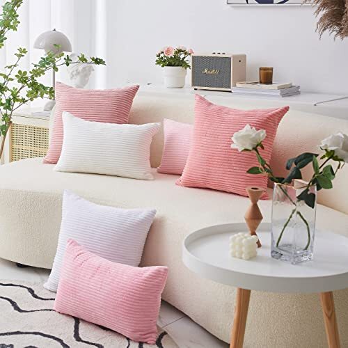 Striped Corduroy Oblong Throw Pillowcase Cushion Cover for 12" x 20" Baby Pink - Picture 6 of 6