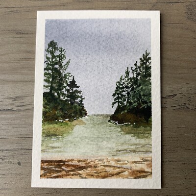 ACEO Watercolor Painting Landscape The Pacific Northwest Coast Beach Signed