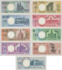 Poland Set 9 Pcs 1 2 5 10 20 50 100 200 500 Zlotlych 1990 P 164-172 UNC
