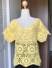Women's Tops Hand Crochet Knit Yellow Cotton Soft Yarn Blouse Short Sleeve Sz XL