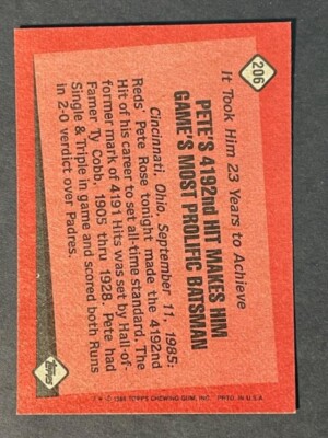 1986 Topps '85 RECORD BREAKER - PETE ROSE - MOST HITS LIFETIME