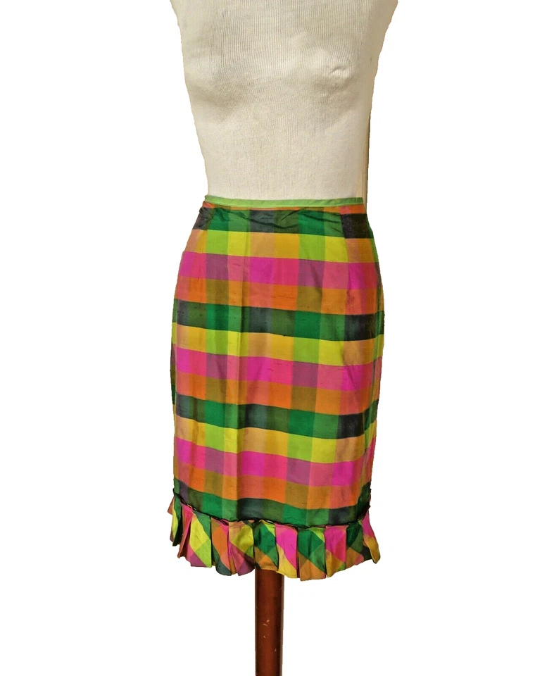 Falda lápiz Armani Collezioni para mujer a cuadros Dupon seda hasta la rodilla con volantes talla M Foto 3 de 4