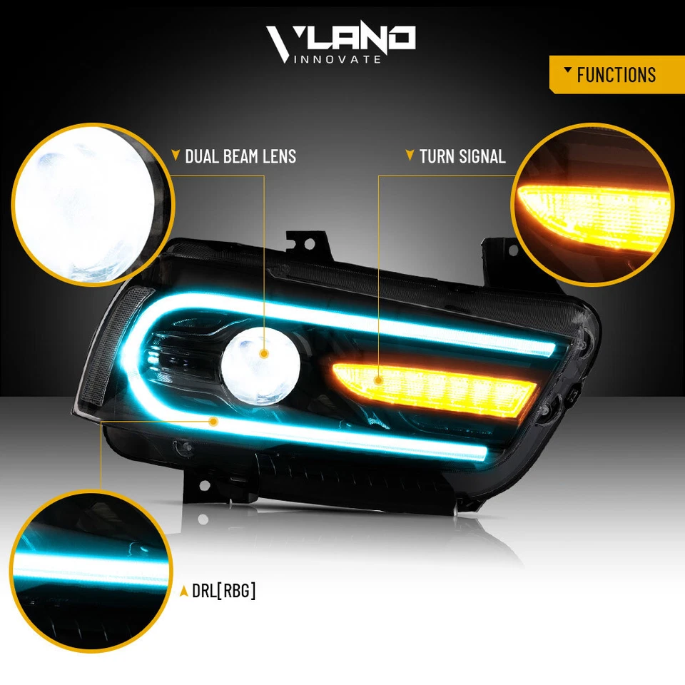 RGB Version For Dodge Charger 2011-2014 Vland LED Headlights With Sequential - Image 2 of 4