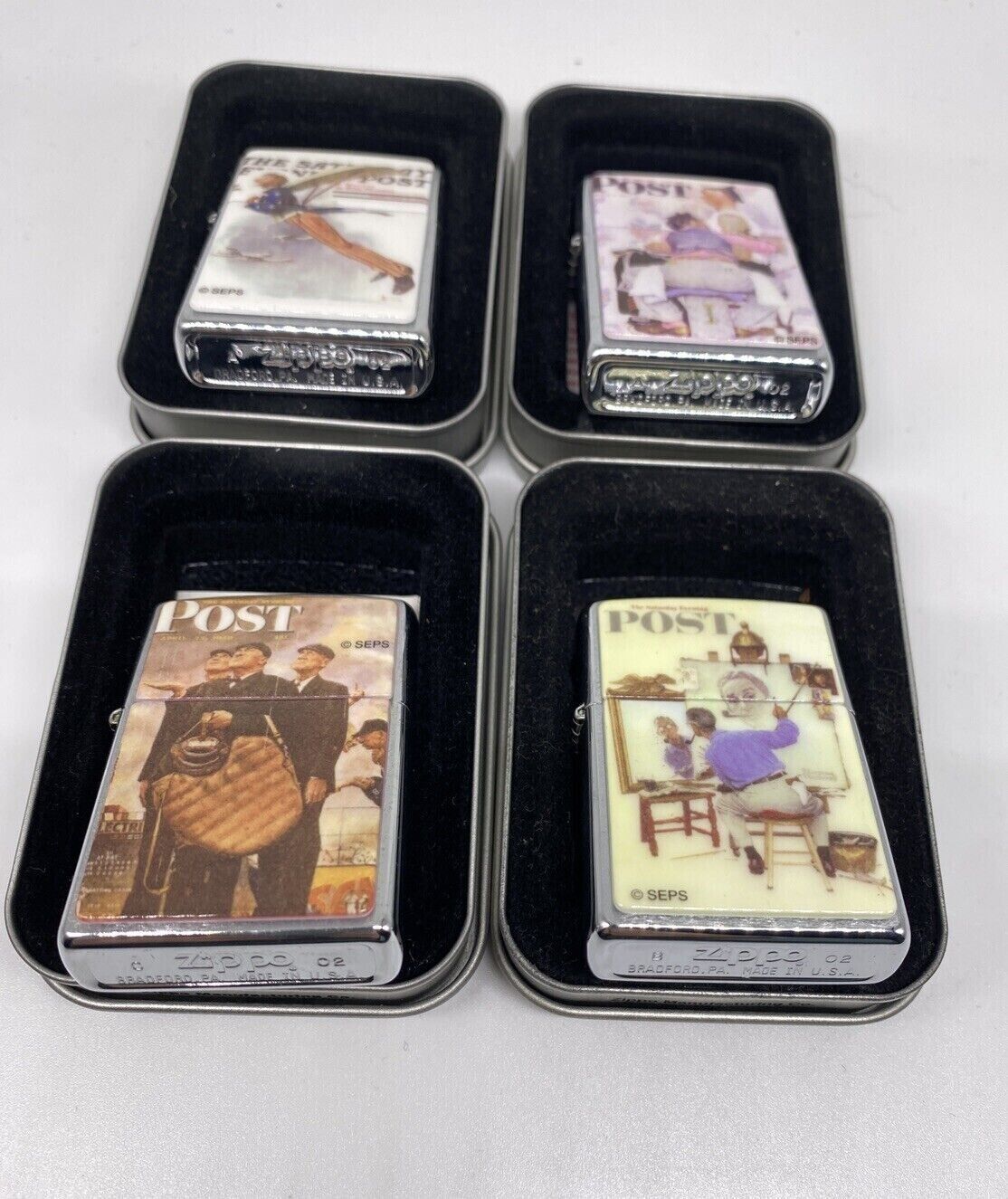 Rare 2002 Norman Rockwell 4 Piece Saturday Evening Post Zippo Lighter Set