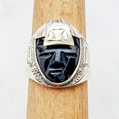 VINTAGE 900 STERLINGSILBER SCHWARZER ONYX AZTEKEN TOTEM GESICHT RINGGRÖSSE 9,25