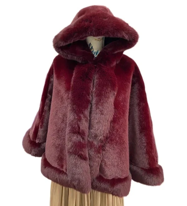 Women's Luxurious Faux Fur Hooded Poncho Ladies Cozy Winter Warm Coat Cape Wrap - Image 2 of 4