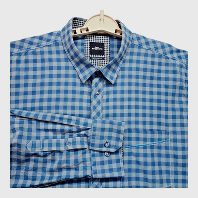 Engbers Shirt Men XL 43/44 Blue Gray Checked Button Up Cowboy Western Roll Tab