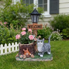Cat Solar Planter Statue Outdoor Decor with LED Light