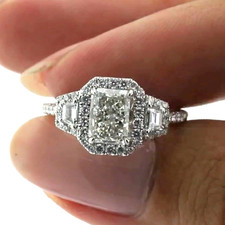 2.30Ctw Radiant Cut Moissanite Three Stone Engagement Ring 14K White Gold Plated