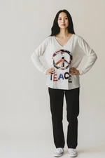 NEW Patchwork Peace Sign V Neck Long Sleeve Top Artsy Boho Stretchy Festival XL