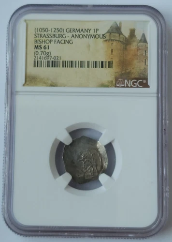 GERMANY • STRASSBURG Silver Coin 1 PFENNIG 1050 - 1250 BISHOP FACING NGC MS61