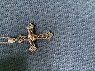 Religious Vintage Tagged D BJ .925 Cross 4 Red stones Necklace 11  Drop