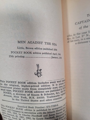 *Men Against the Sea* by Charles Nordhoff and James Norman Hall 1974, 13th print - Picture 2 of 8